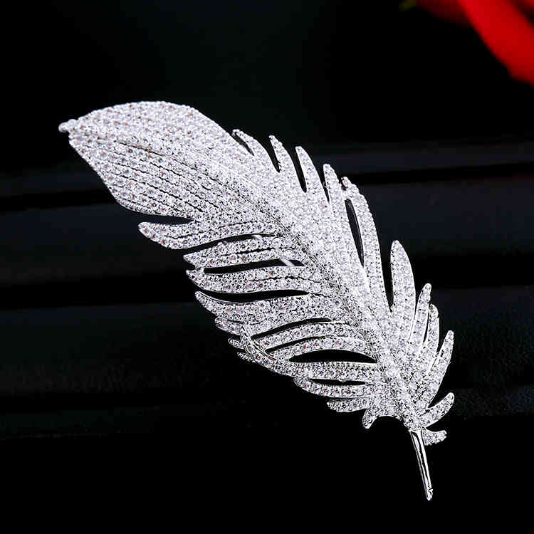 Korean Version Celebrity Micro Inlaid Zircon Feather Brooch Female Fashion Temperament Pin Coat Dual Purpose Accessories