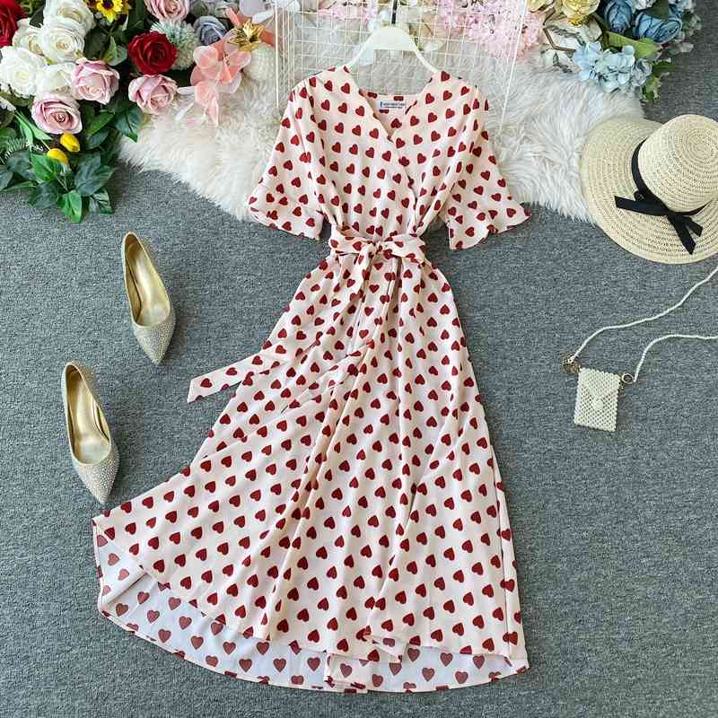 Heart Print Dress Women Elegant Korean Maxi Dresses Lady A Line Vintage V Neck High Waist Bandage Vestidos Party Robe 210519