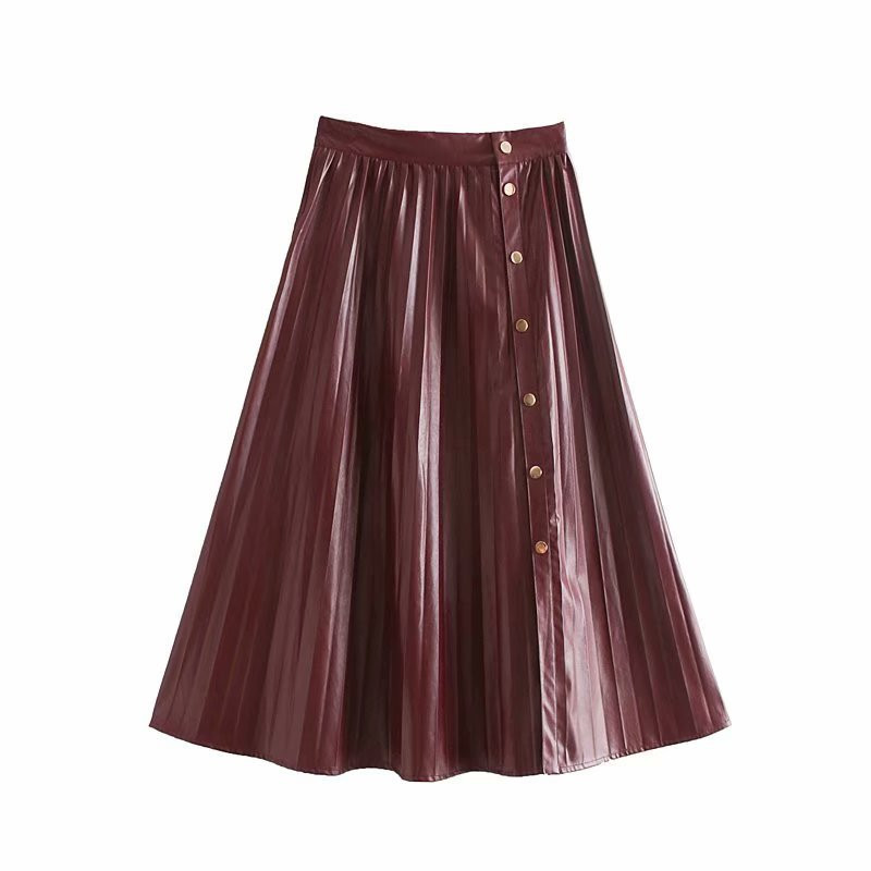 Women Faux Leather Pleated Skirt Fashion Loose A-line s Female Autumn Winter Elegant Office Lady Midi 210515