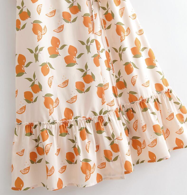 France style Fruits Floral Short Sleeve Wrap Dress V neck Lace Up Knot Midi Vintage Print Mid Calf Vacation es Women 210429