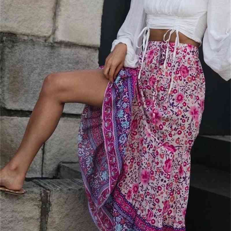 Bohemia Pink Floral print Cotton Maxi Long Skirt BOHO Hippie Women Elastic High Waist Spliced Ruched pleated Skirts Holiday 210429