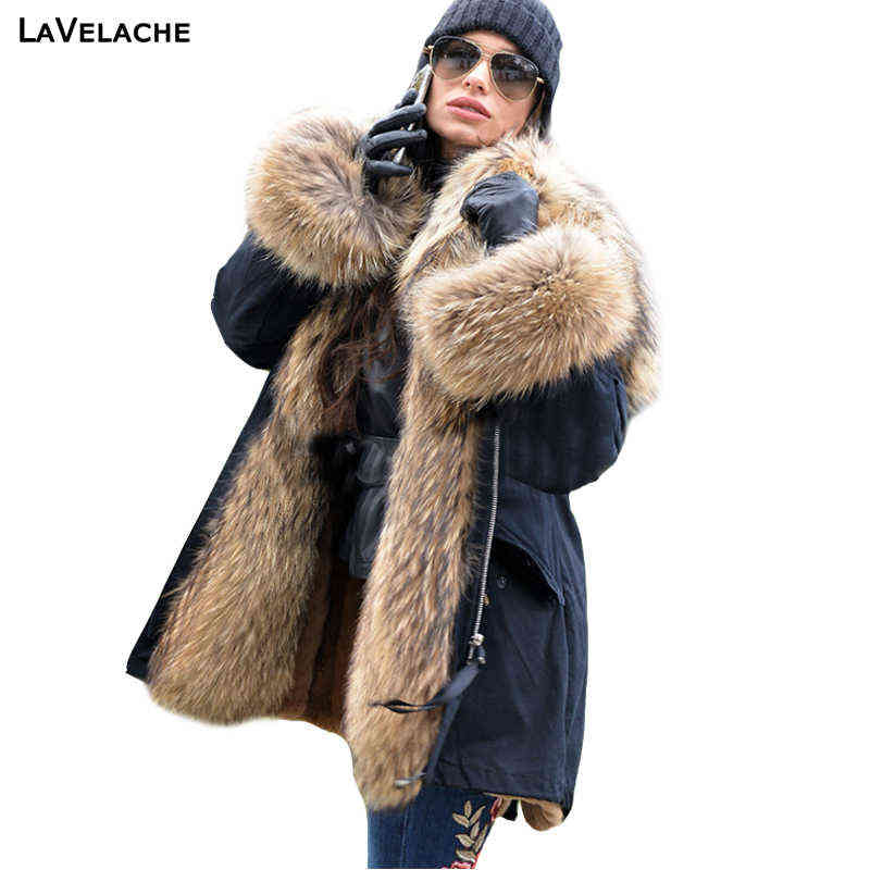 LaVelache Long Parka Real Fur Coat Winter Jacket Women Natural Real Fur Coats Outerwear Streetwear Casual Oversize 211123