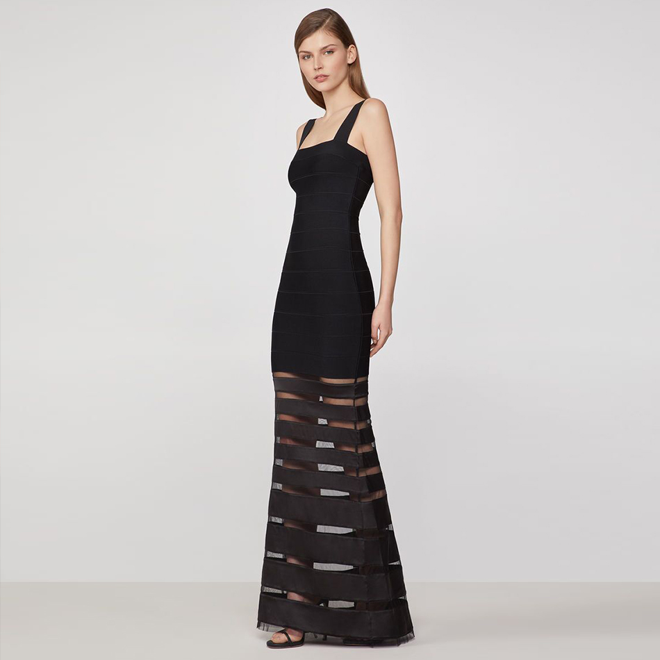 Summer Women Black Spaghetti Strap Rayon Bandage Club Dress Sexy Lace Hollow Out Celebrity Evening Maxi Dresses 210423