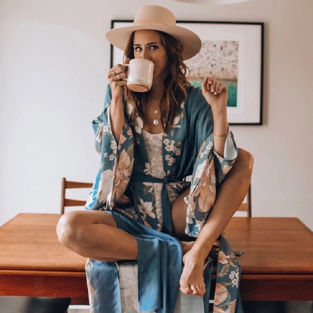 Kaftan Bohemian Printed Summer Dress Long Kimono Tunic Women Plus Size Beach Wear Swim Suit Cover Up Robe de plage A140 210420