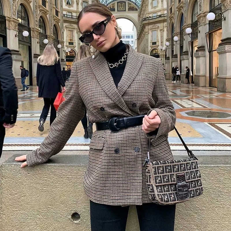 elegant women plaid brwon blazer jackets fashion ladies chic long suits casual female streetwear girls vintage 210527