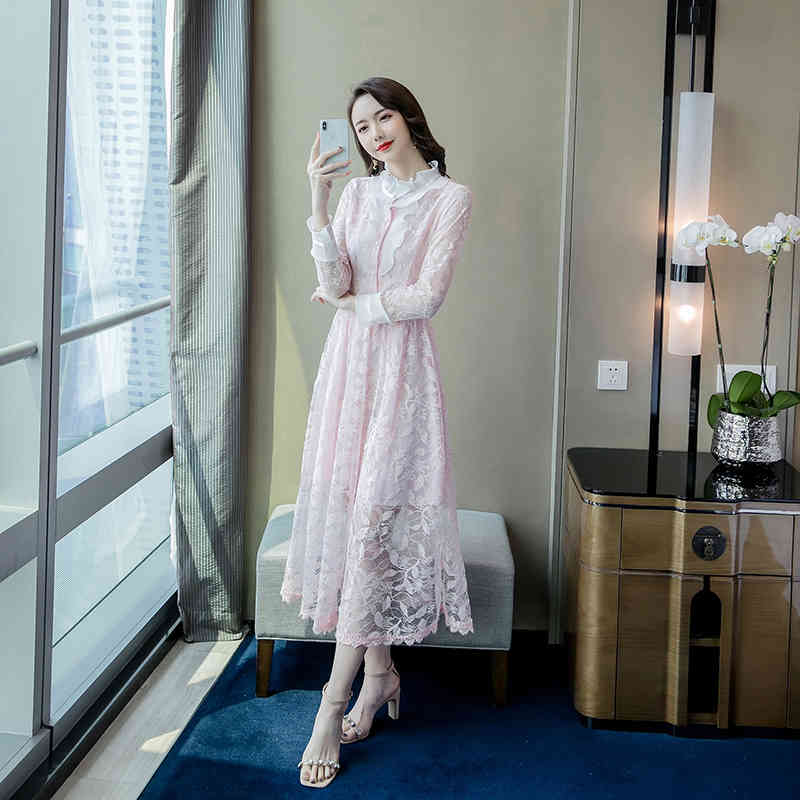 Spring Lace Dress Long Sleeve Up Vintage Midi High Waist A Line Floral Women Clothing Robe Femme 13425 210508