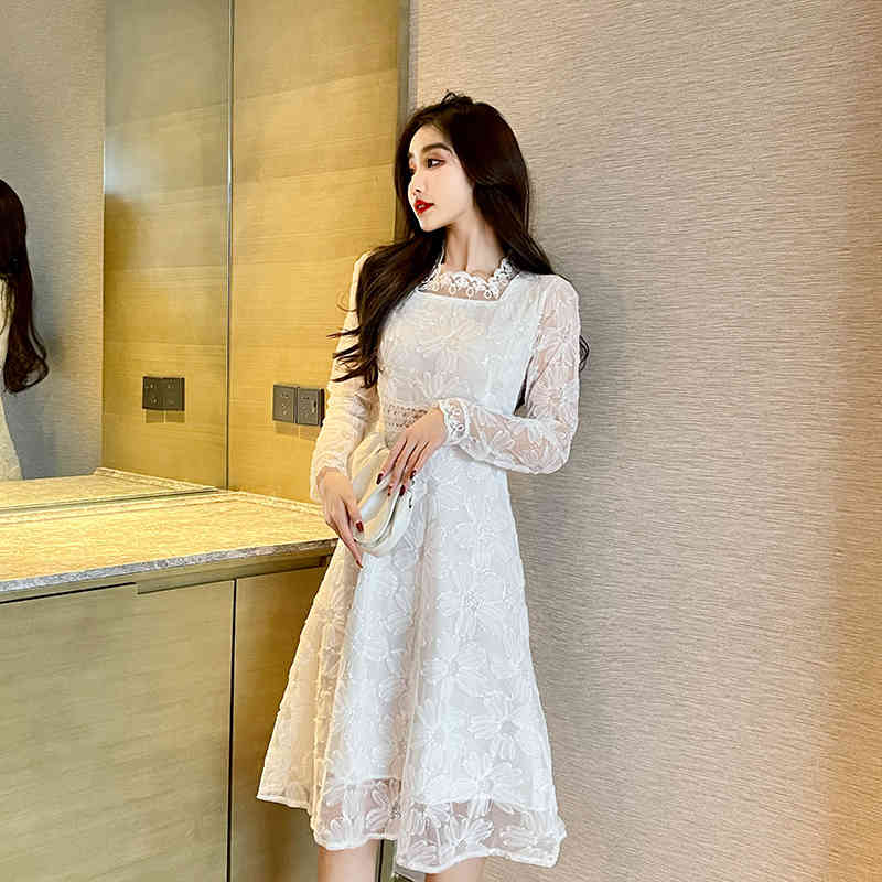 Spring Fashion Flower Lace Embroidery Midi Dress Sweet Women Long Sleeve White Casual Slim Party Dresses Robe Vestidos 210519