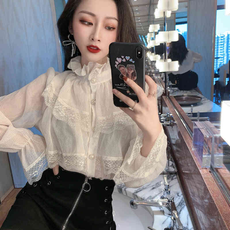 Sweet Lace Ruffles Patchwork Chiffon Shirt Female Spring Korean Fashion Elegant Stand Collar Flare Sleeve Casual Blouse 210519