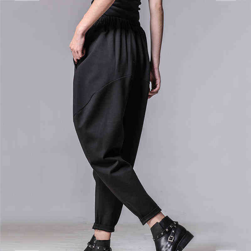 XITAO Plus Size Women Autumn Winter Pants Personality Elastic Waist Black Harem Casual Spliced Trousers XWW3091 211115