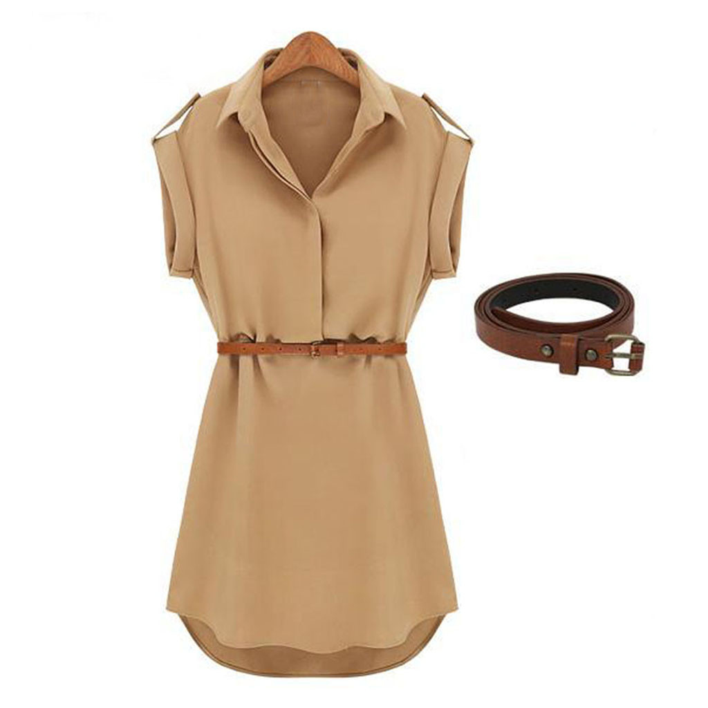 Women Casual Summer Shirt Dress Loose Short Sleeve With Belt Turn Down Collar Autumn Vestidos #20 210428
