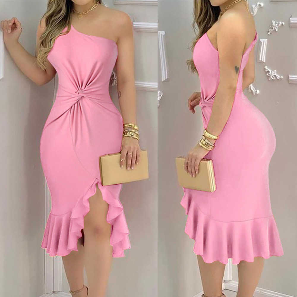 Women Summer Pencil Dress Sexy Solid One Shoulder Sleeveless Irregular Tangle Up Ruffle Bodycon Wrap Hips Party Midi Dresses 210526, Pink
Women Summer Pencil Dress Sexy Solid One Shoulder Sleeveless Irregular Tangle Up Ruffle Bodycon Wrap Hips Party Midi Dresses 210526, Pink