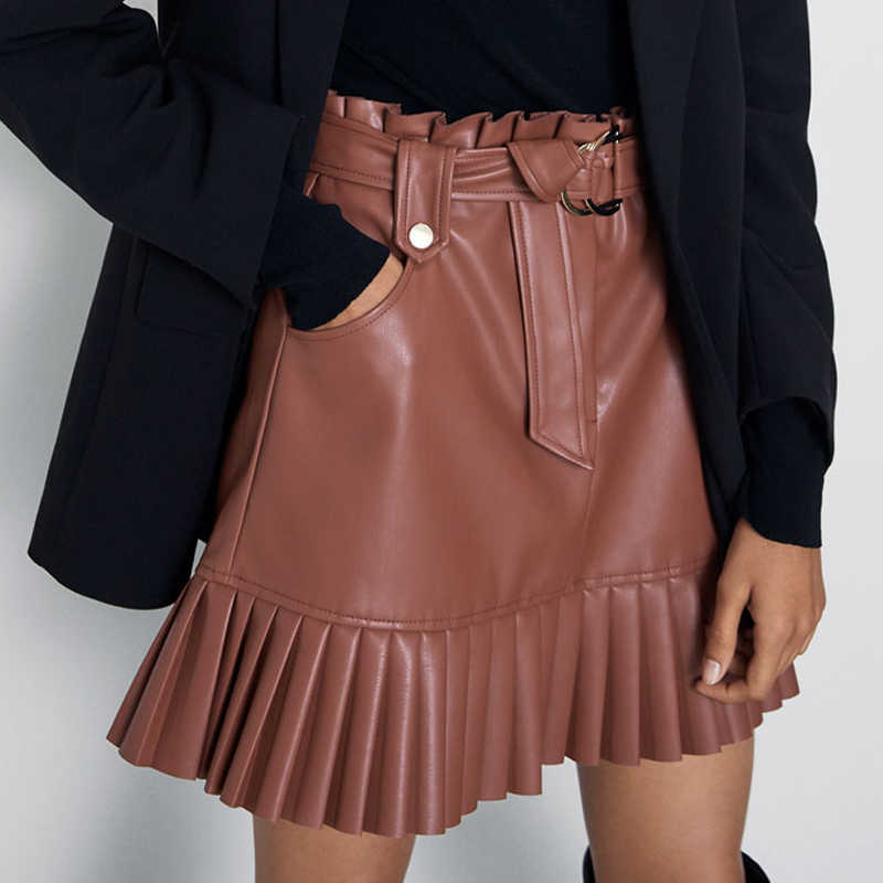 Ruffle high waist skirt mini sexy short s black Sash elegant leather women faux with pockets 210619