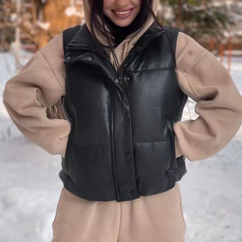 Vintage Women PU Leather Down Vest Spring-Autumn Fashion Ladies Waterproof Waistcoats Casual Female Chic Outerwear Girls 210430