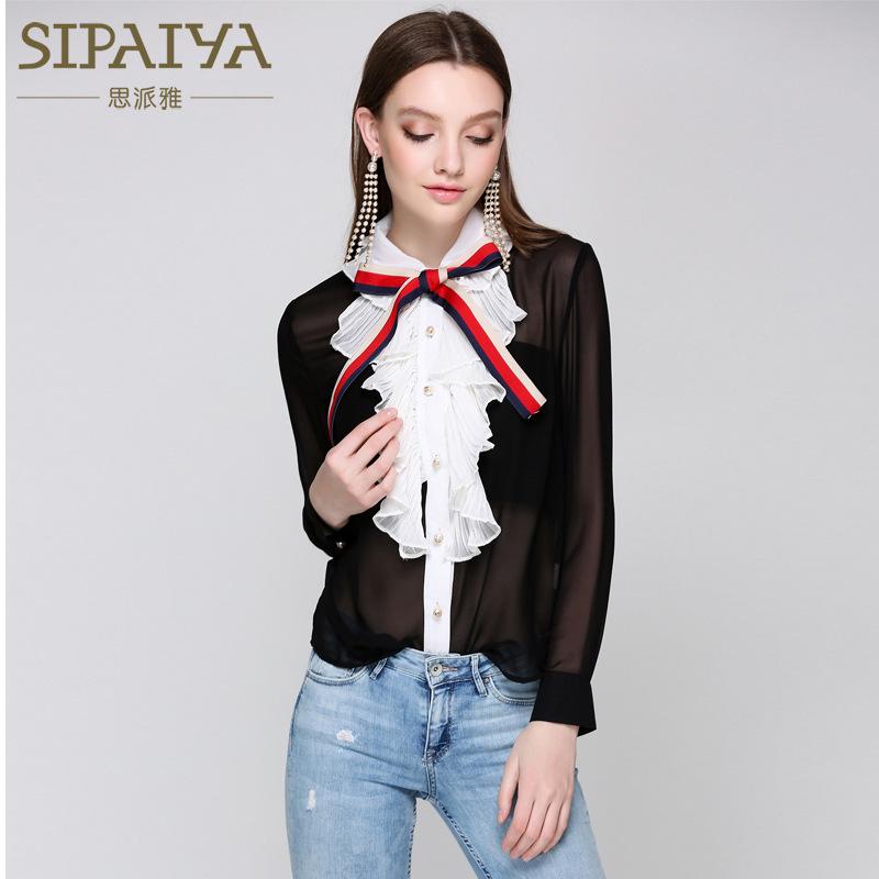 Women' Blouses & Shirts Runway Brand Tops Korean Sexy Ladies Perspective OL Blouse Long Sleeve Chiffon Ruffles With Bow For Woman, Black
Women' Blouses & Shirts Runway Brand Tops Korean Sexy Ladies Perspective OL Blouse Long Sleeve Chiffon Ruffles With Bow For Woman, Black