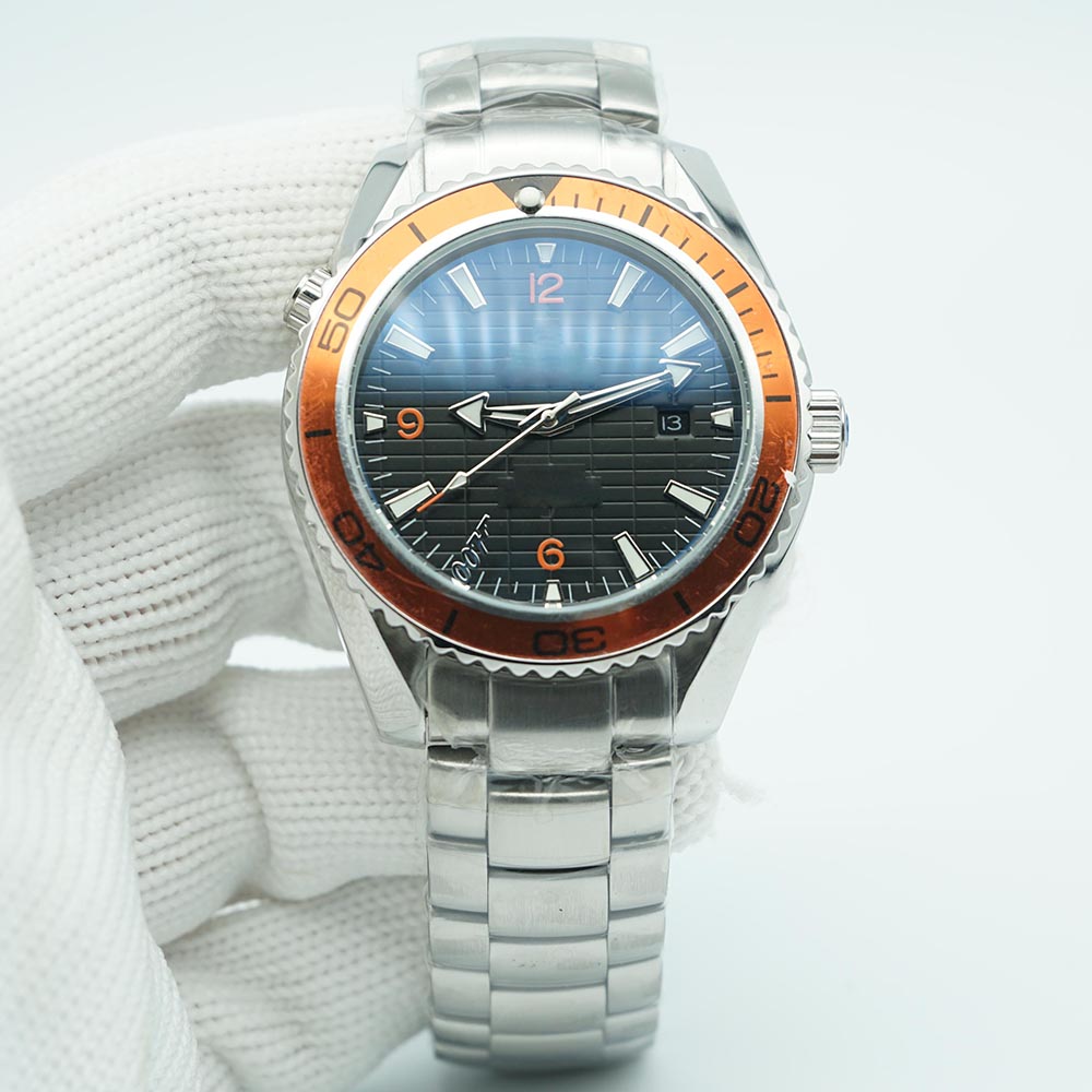 Orange Bezel Planet Meter Black 007 Dial Skyfall Limited Watch 44mm QAutomatic Mechaincal Ocean Diver 600m Stainless Steel Back Sports Sea Mens WRISTWatches, No send watch for shipping