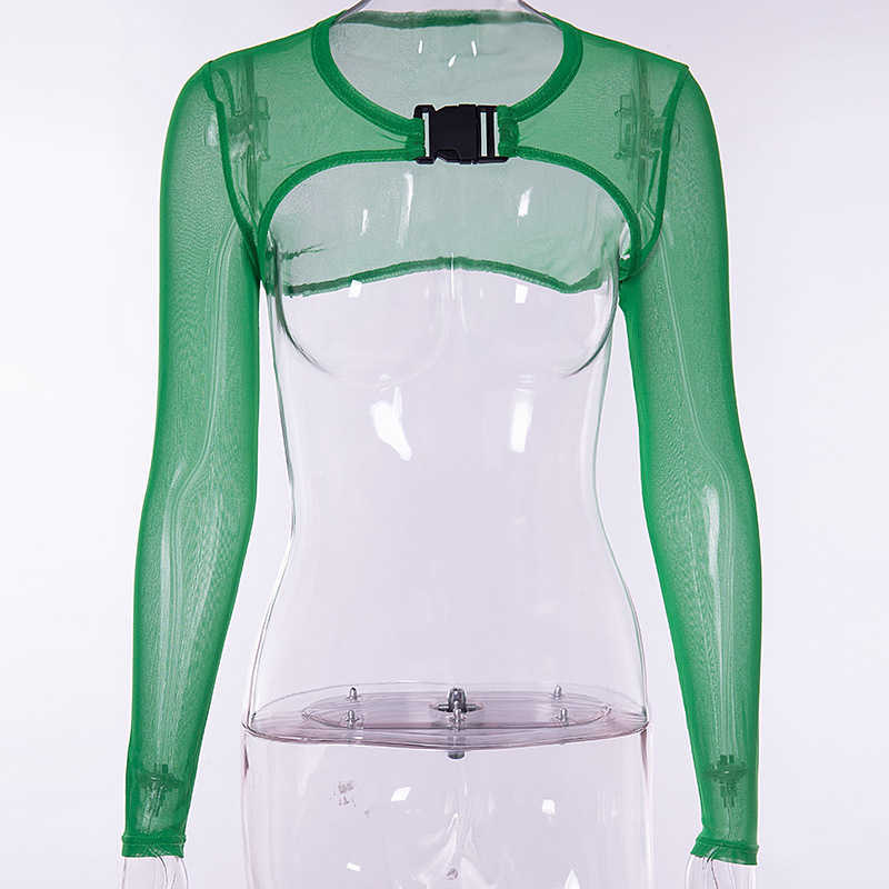 ArtSu Mesh Shirts Long Sleeve Crop Top Neon Green Black Transparent Sexy Buckle Top Tee Shirt Femme Tshirts Women ASTS20768 T200525