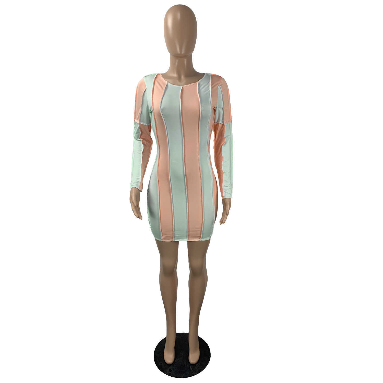 Women Long Sleeve Colorblock Patchwork Dress Sexy Slim Bodycon Mini Dresses 210702