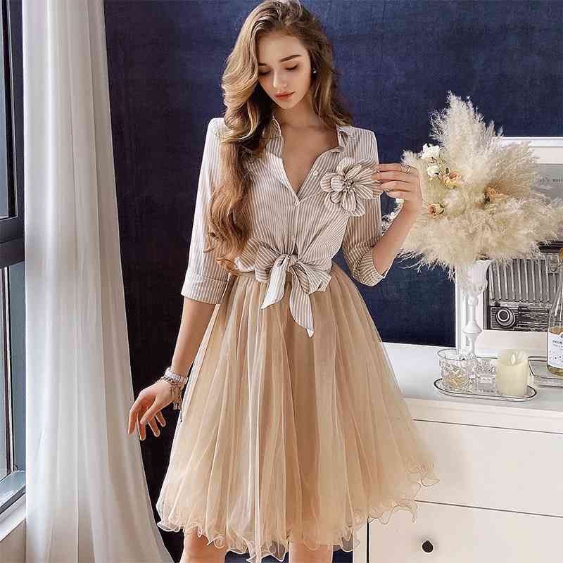 Dabuwawa Vintage Appliques Striped Blouse Women Three Quarter Sleeve Bow Hem Shirts Office Lady Spring Autumn DO1AST028 210520