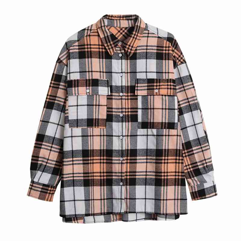 Streetwear Women Plaid Shirts Fashion Ladies Turn Down Collar Tops Causal Female Chic Pocket Cotton 100% Blouses 210430