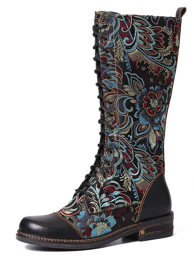 Boots SOCOFY Flowers Pattern Colorful Stitching Elegant Zipper Lace Up Flat Mid Calf Shoes Women Botas Mujer