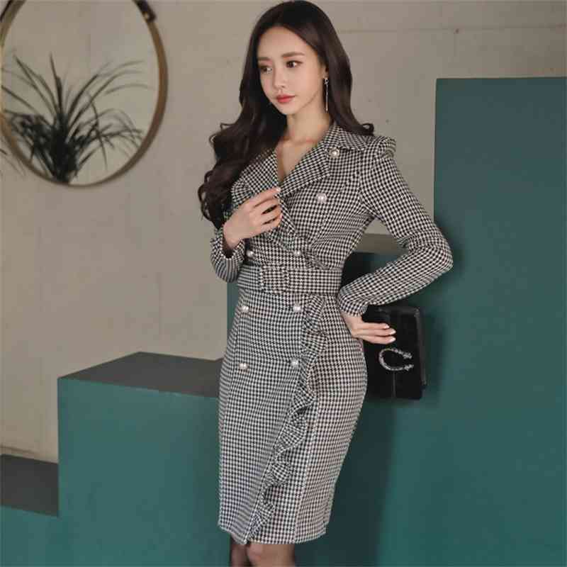 Fashion Runway Winter Dress Women Double Breasted Temperament Ruffle Vintage Elegant Houndstooth Vestidos 210520