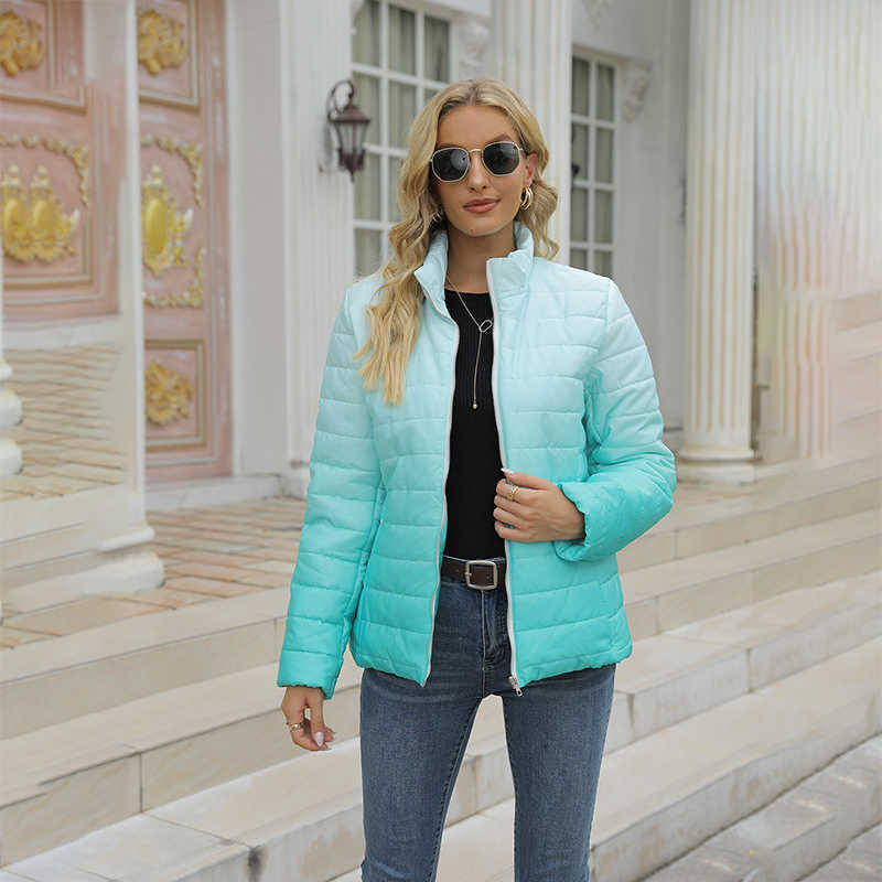 Fashion Women Winter Zipper Jacket Casual Slim Warm Padded Coat Elegant Long Sleeve White Gradient Streetwear Jackets 211013