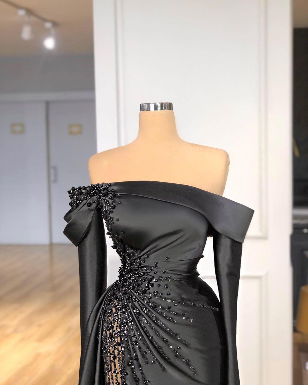 Chic Perals Black Mermaid Prom Dresses Luxury Beads Off The Shoulder High Side Split Long Sleeve Women Plus Size Formal Evening Dress Robe de mariée