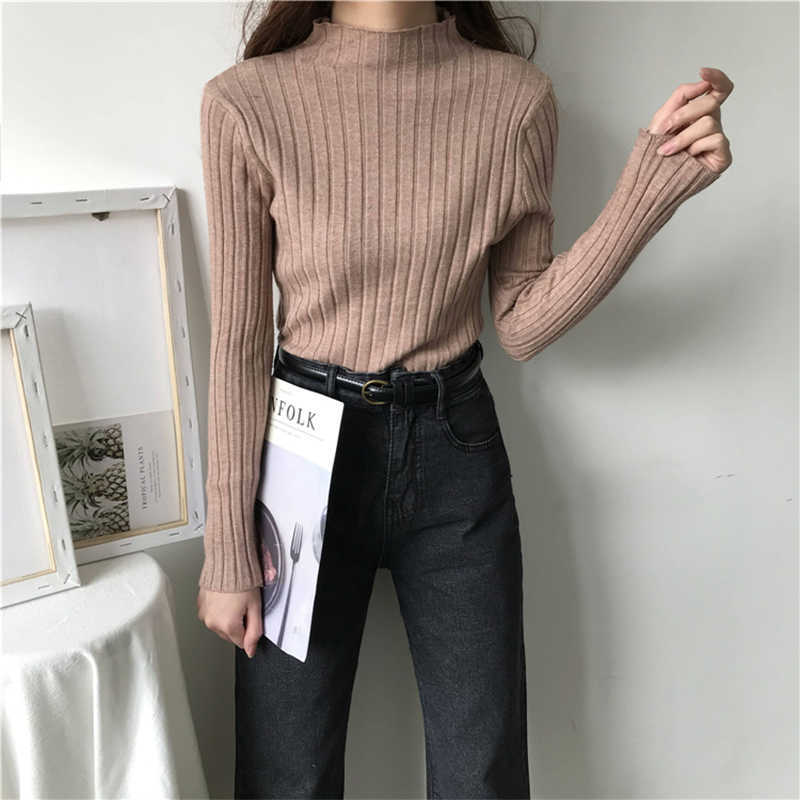 Turtleneck Pullovers Elastic Slim Women Sweater, Khaki Knit Tops, Autumn Winter Basic Ribbed Jumpers