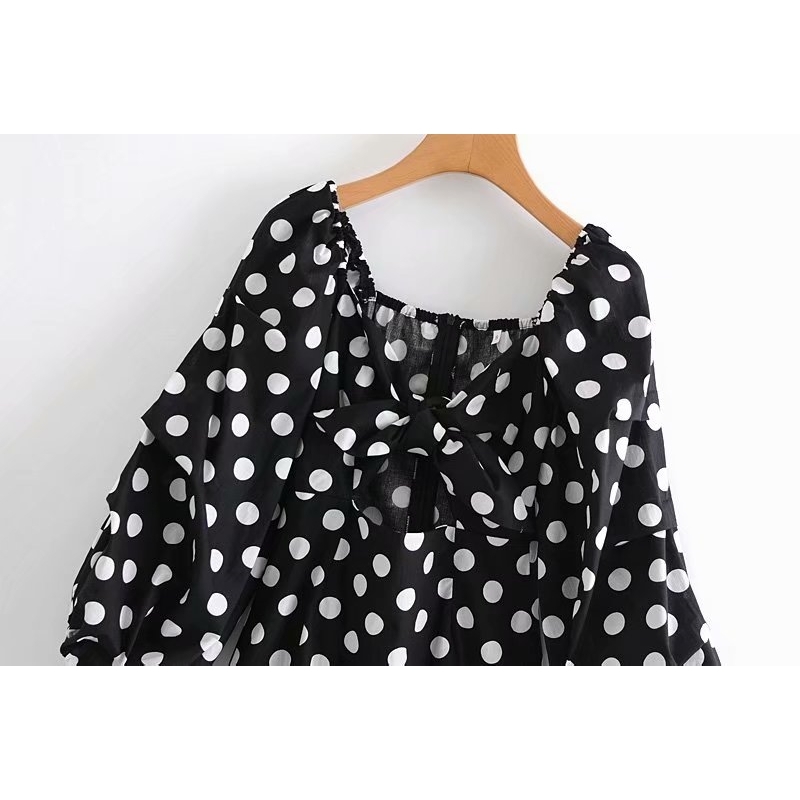 Elegant Women Bow Cross Dress Fashion Ladies V-Neck Dot Vestidos Sweet Female Chic Puff Sleeve A-line Mini Dresses 210430