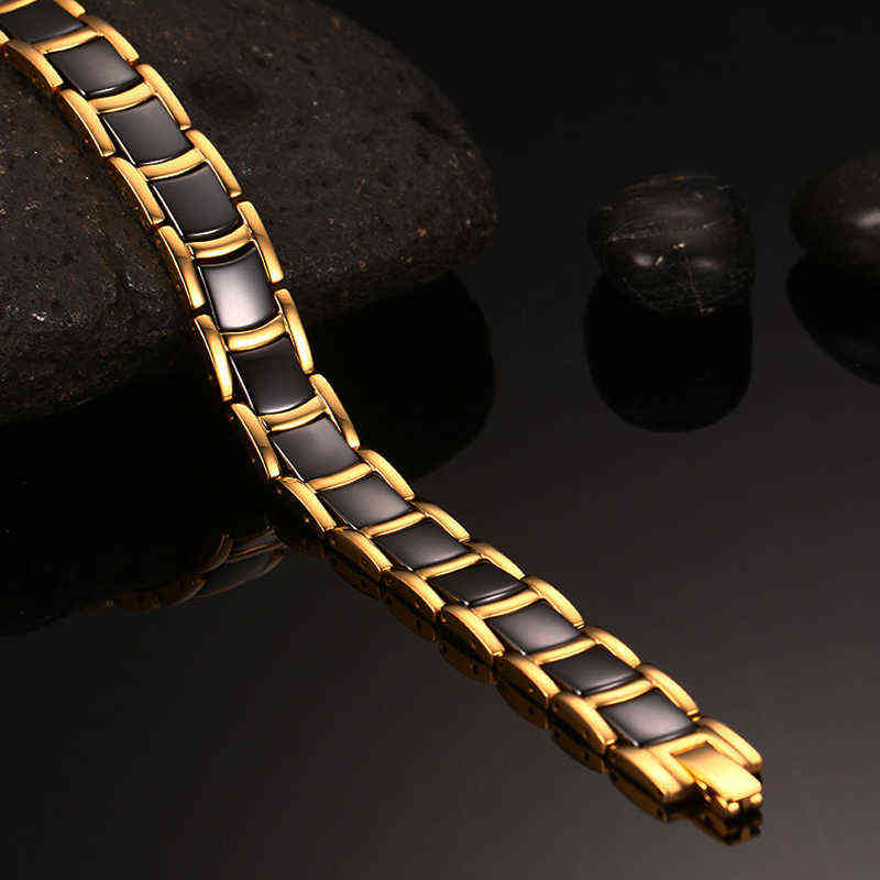 Vinterly Steel Magnetic Bracelet Male Black Ceramic Energy Germanium s Men Hand Chain Gold Color Hologram 211124