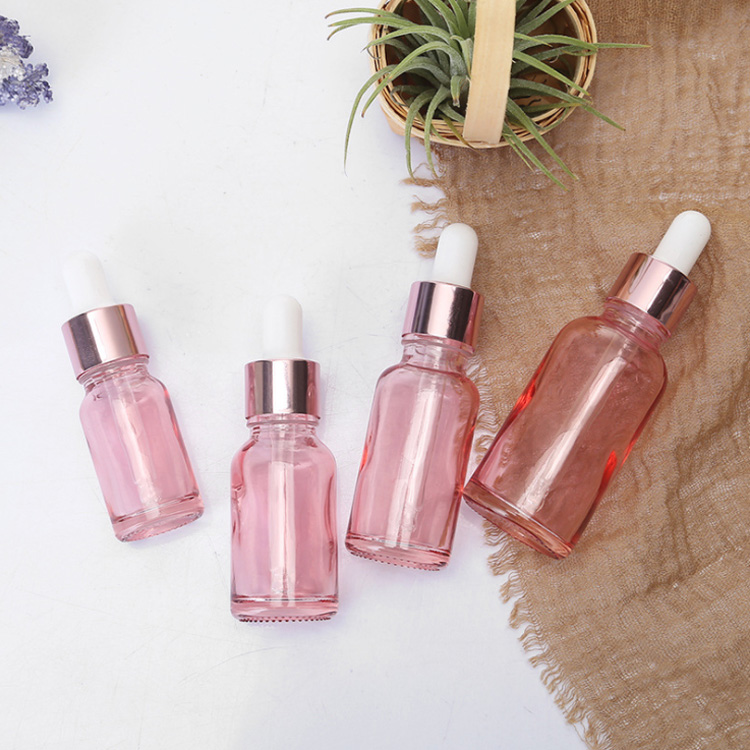 Cherry Pink Glass Essential Oil Perfume Bottle Liquid Reagent Pipette Dropper Bottles with Rose Gold Cap 10-50ml