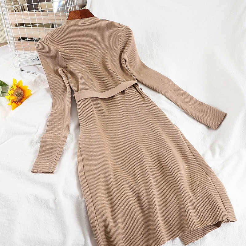 DEAT Spring Autumn Arrivals Solid Knitted Long Sleeve V-neck Temperament Fashion Split Women Midi Dress MZ930 210709