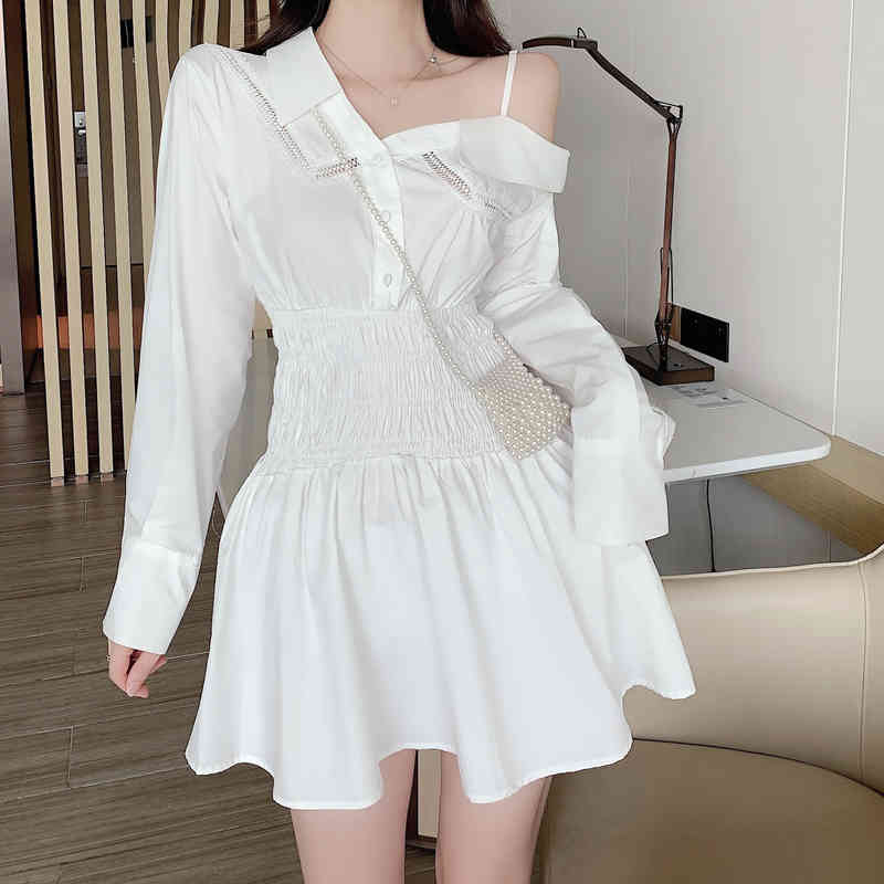 Spring and Autumn Korean Style Long Sleeve Shirt Dress Cropped shoulder Splicing Lace dress Casual Dresses 210506