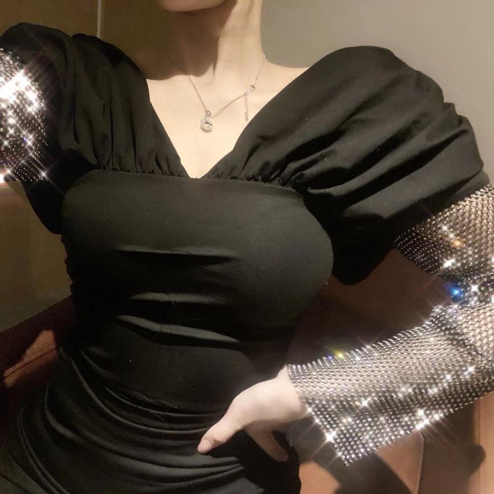 Sexy Black off shoulder sheath Dresss Women Long Sleeve Diamond Patchwork bodycon dress Fashion elegant club female Mini 210519