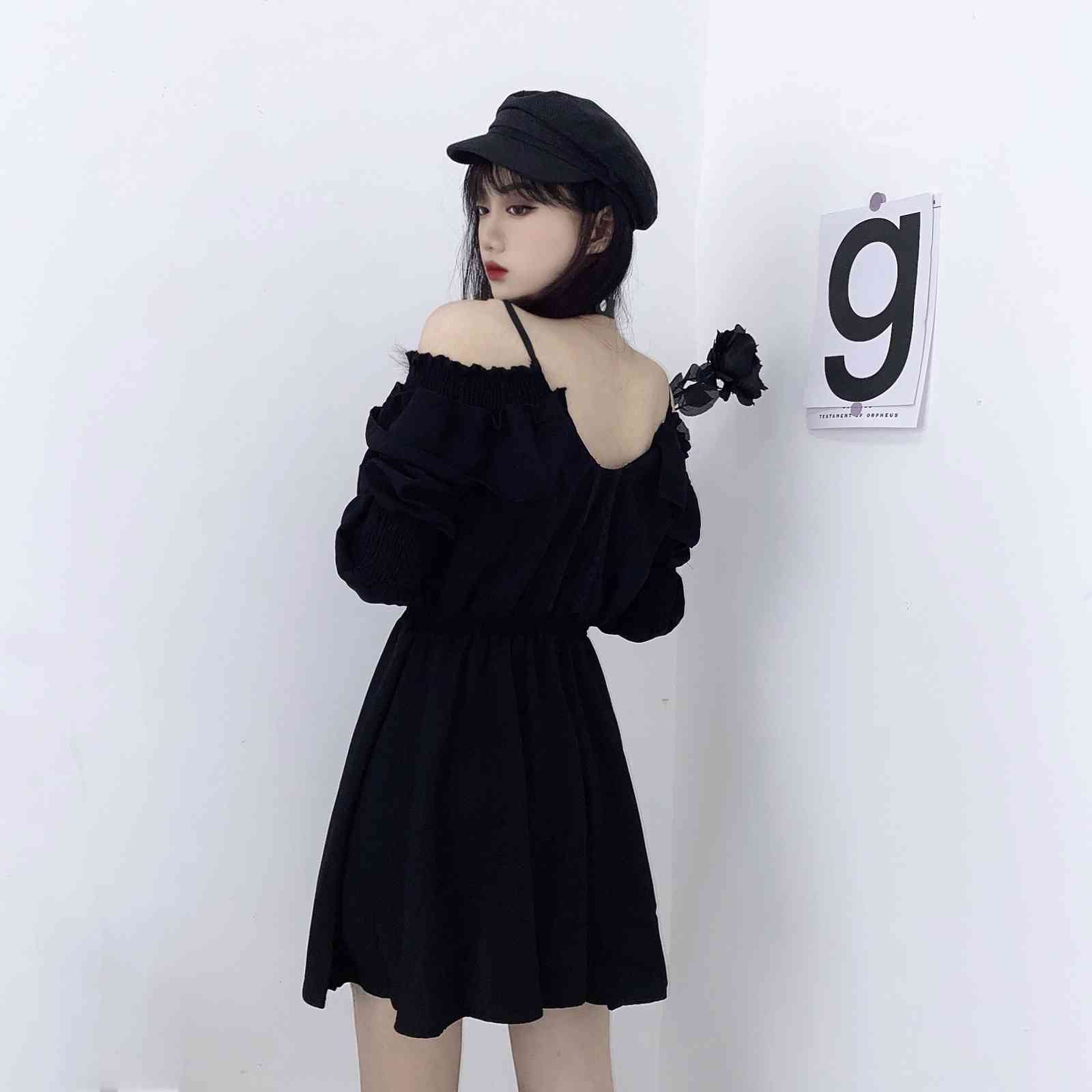 Gothic Black Dress Women Casual Button Lace Evening Party Sexy Mini Dress Female Long Sleeve Dress Korean Autumn 210521