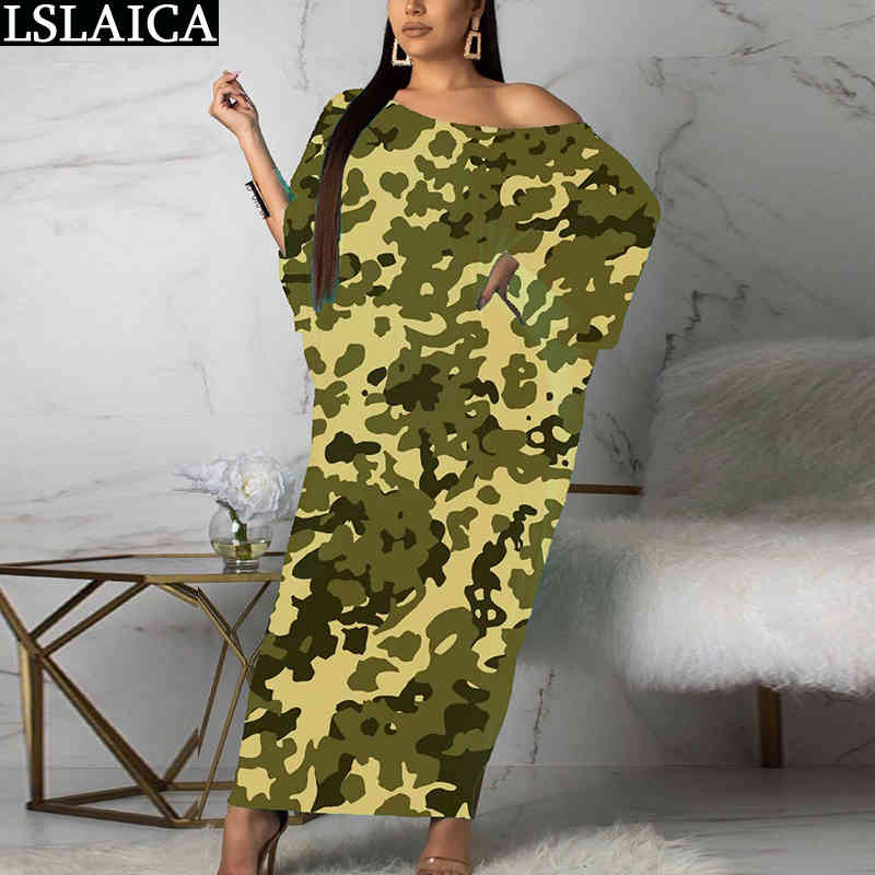 Woman Dress Summer Camouflage Print Batwing Sleeve O Neck Oversize Female Maxi Casual Plus Size Fashion Vestidos 210515