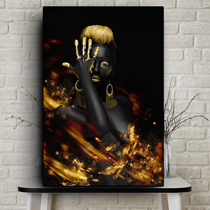 Canvas Painting Golden Black Woman Wall Art Pictures Posters and Prints for living room Modern Sexy Girl Decoration