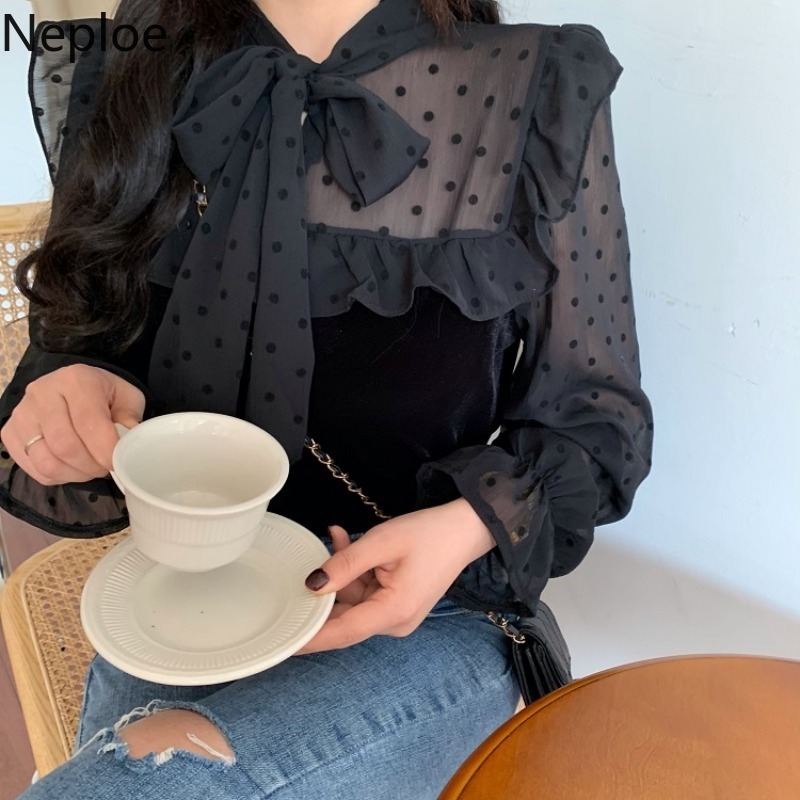 Neploe Women Tops Lace Up Bow Patchwork Polka Dot Blusas Mujer Long Sleeve Sweet Ruffles Shirts Loose Elegant Blouses 95126 210422