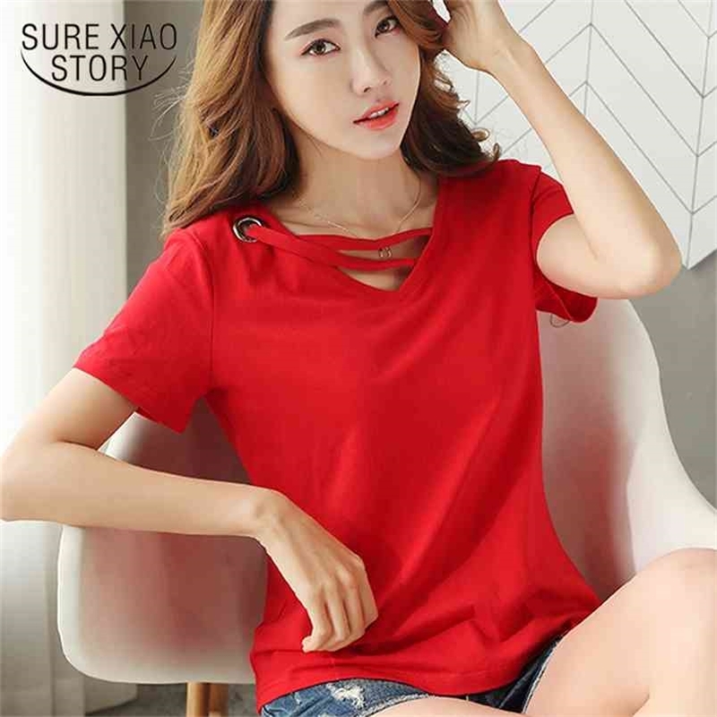 fashion women t-shirt casual summer tops v collar cotton t shirt short sleeve shirts white T-shirt s clothing 2573 50 210506
