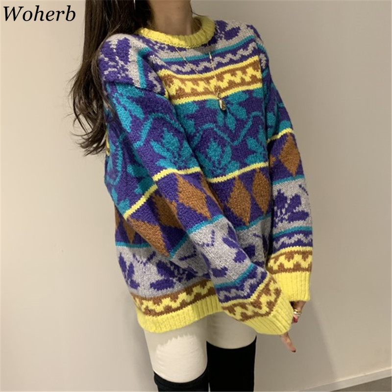 Knitted Pullovers Oversized Outwear Fall Woman Clothes Vintage Sweet Argyle Jumper Korean Fashion Female Sweaters 210422
