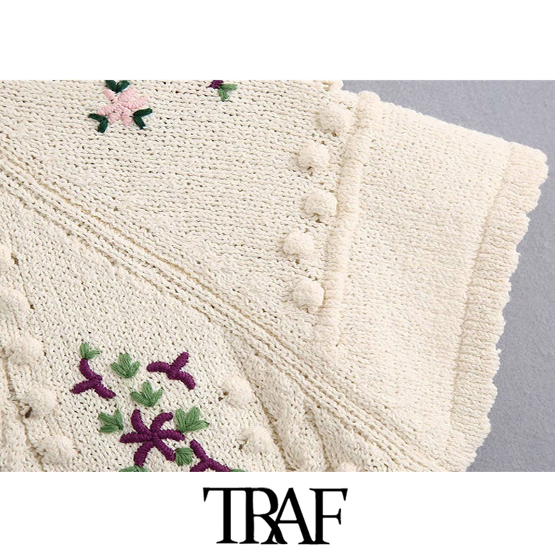Women Fashion Floral Embroidery Cropped Knitted Sweater Vintage O Neck Short Sleeve Female Pullovers Chic Tops 210507