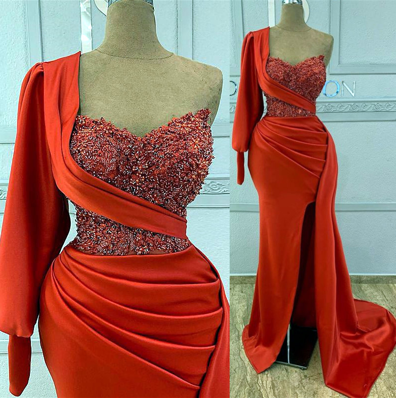 plus size arabic aso ebi red luxurious mermaid prom dresses lace beaded evening formal party second reception birthday engagement gowns dress zj220