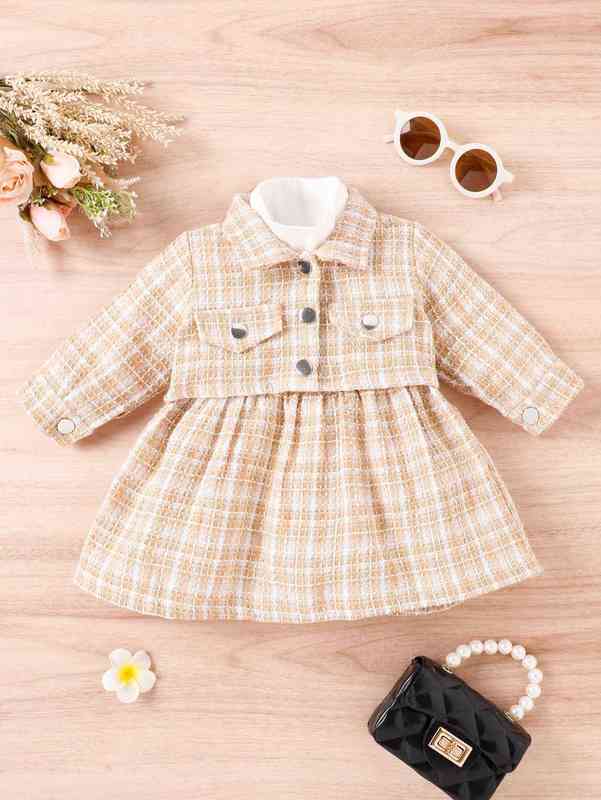 Baby Mock Neck Plaid Tweed Dress & Flap Detail Jacket SHE