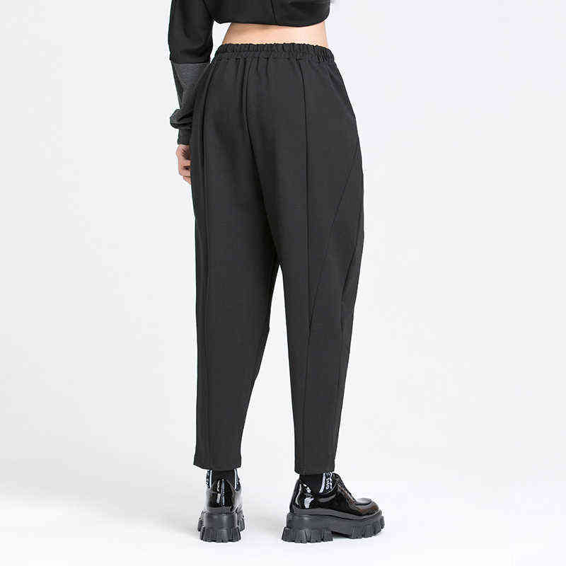 [EAM] High Elastic Waist Black Long Split Joint Harem Trousers Loose Fit Pants Women Fashion Spring Autumn 1Y766 211115