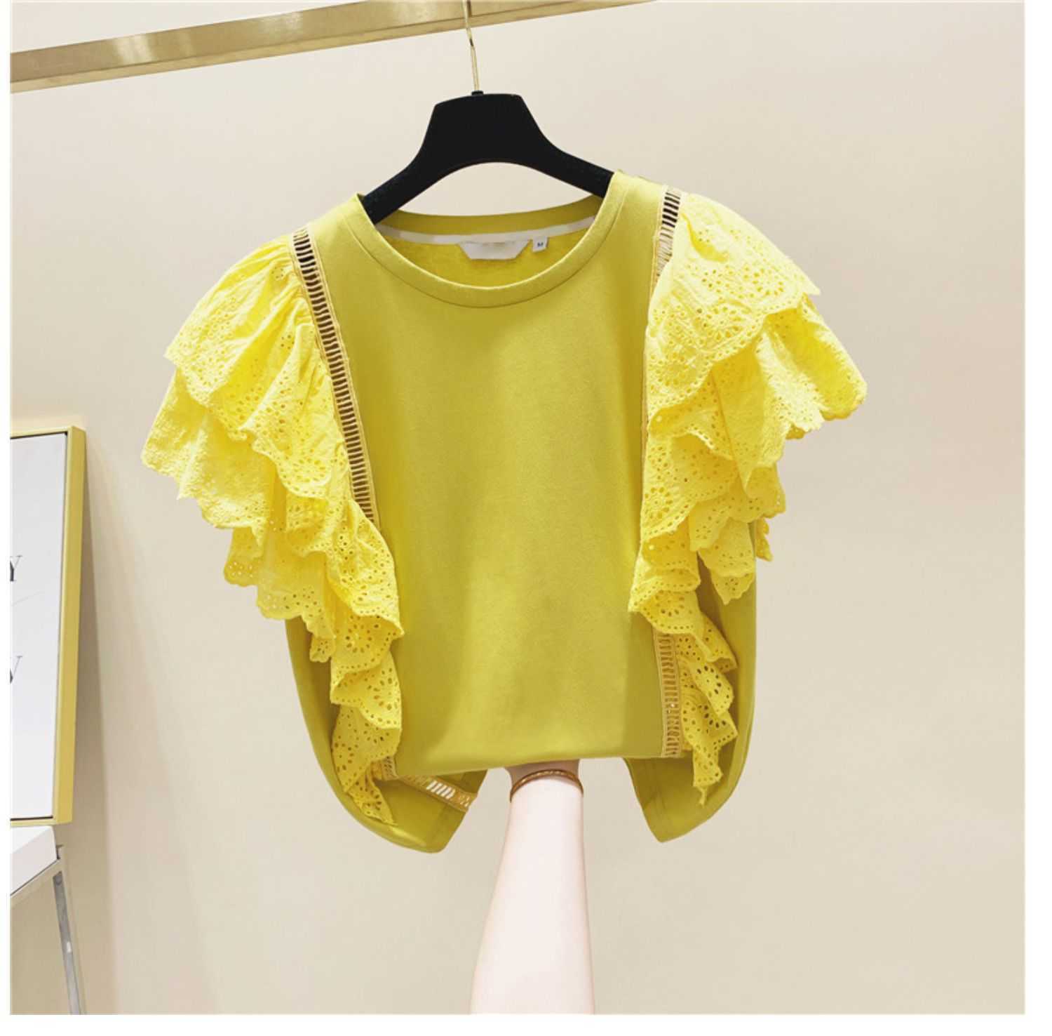 Lace Ruffled Cotton Short Sleeve T-shirt Female Summer Korean Style Women T Shirts Solid Color Clothing 210615Z