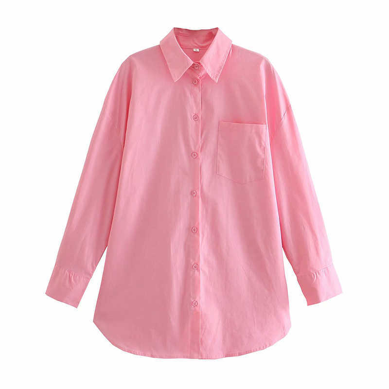 Vintage Women Oversize Pink Shirts Summer Fashion Ladies Long Sleeve Shirt Loose Girls Soft Cotton Chic Tops Stylish 210527