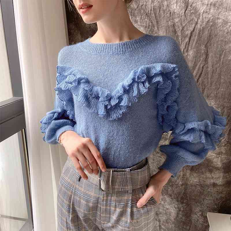 Dabuwawa Autumn Women Knitted Sweater Elegant O-Neck Lantern Sleeve Female Sweater Pullover Ruffle Fashion Ladies DT1DKT027 210520