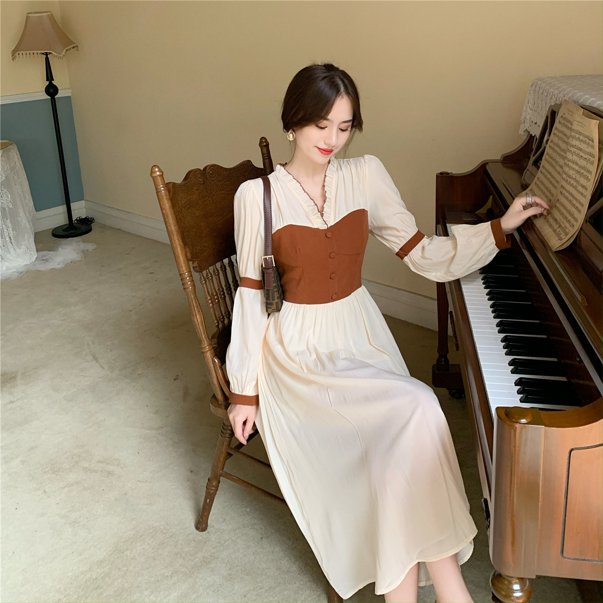 Frenc Vintage Dress Women Long Sleeve V-neck Chiffon Dress Korean Evening Party Fairy Elegant Dress Female Autumn 210521