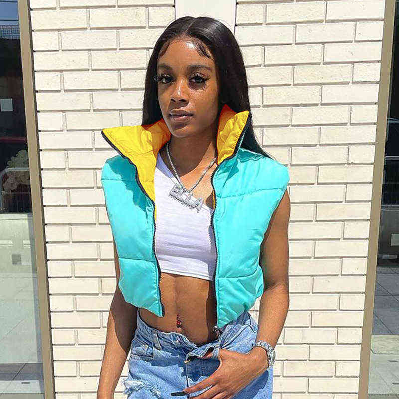 FORERUN Cropped Vest Double Wear Bubble Coat Solid Sleeveless Jacket Cotton Padded Puffer Bodywarmer Gilet 211120