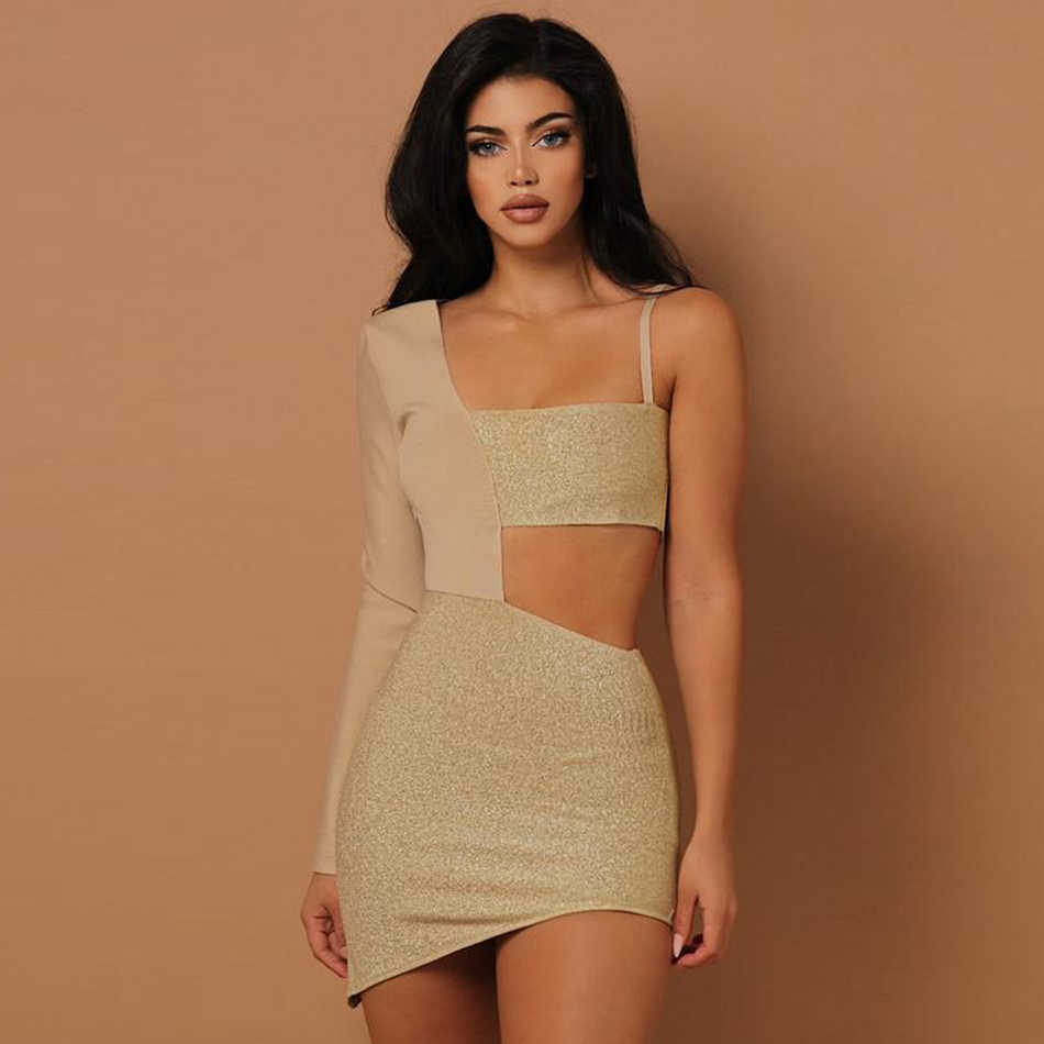 Summer Nude Bodycon Club Bandage Dress Feminine Hollow Mini Long Sleeve One Shoulder Celebrity Party 210527